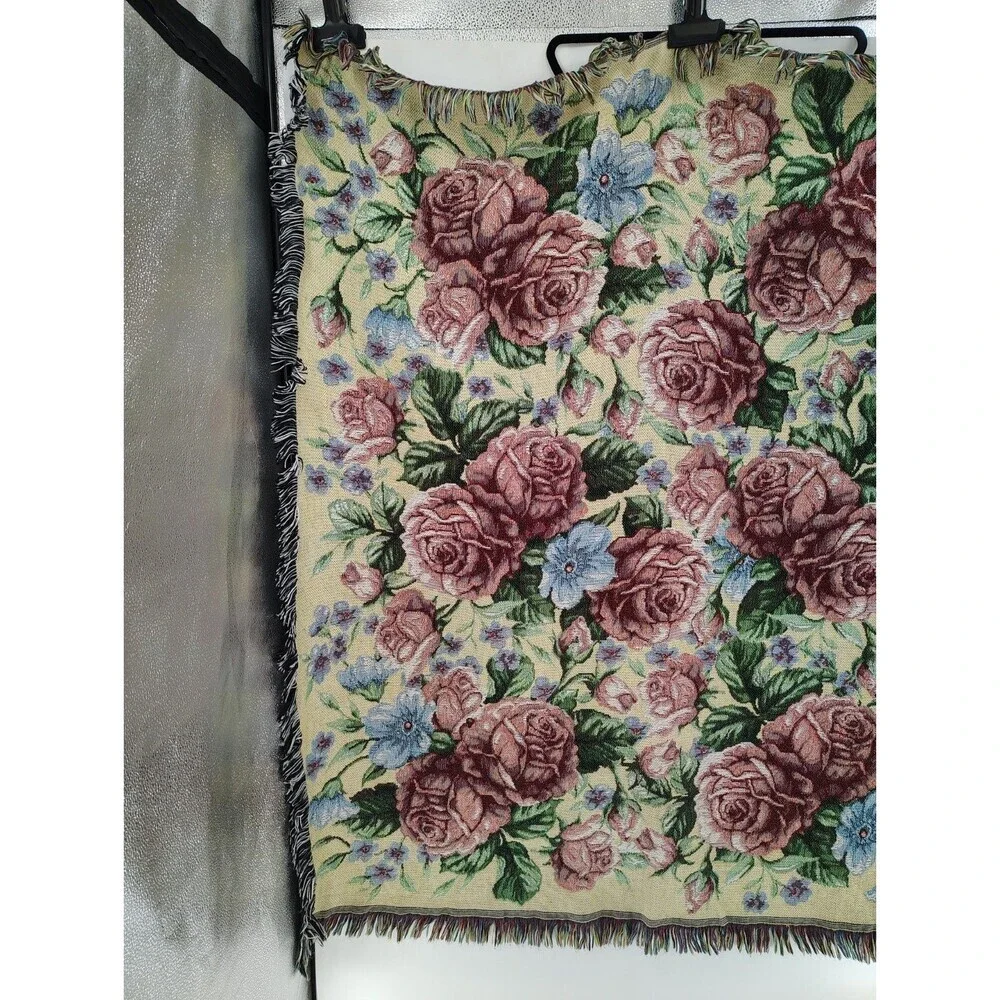 Vintage Large Floral Design Fringed Woven Citton Tapestry Throw Blanket 49x54